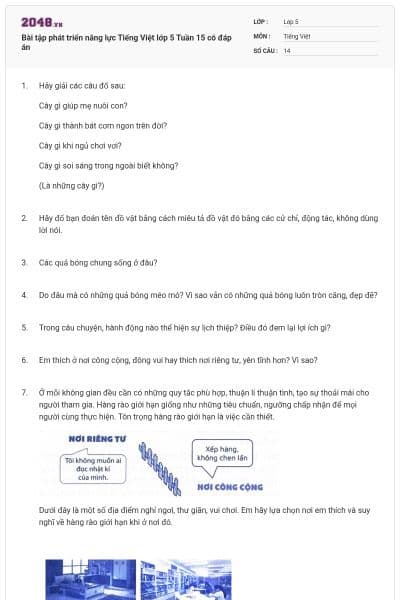 Bài tập phát triển năng lực Tiếng Việt lớp 5 Tuần 15 có đáp án