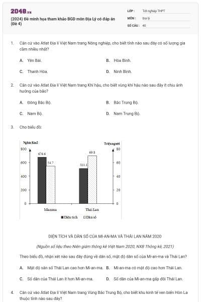 (2024) Đề minh họa tham khảo BGD môn Địa Lý có đáp án (Đề 4)