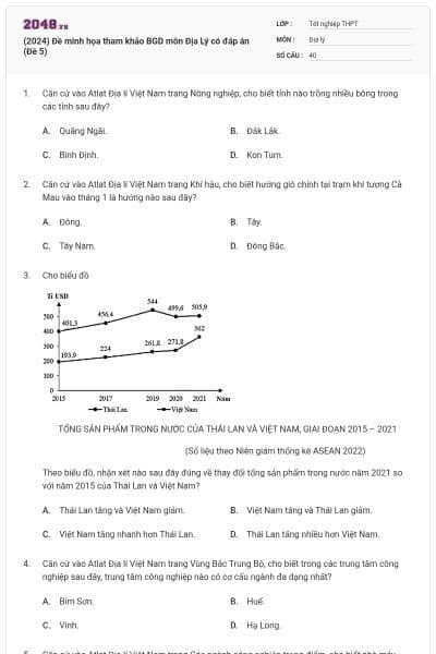 (2024) Đề minh họa tham khảo BGD môn Địa Lý có đáp án (Đề 5)