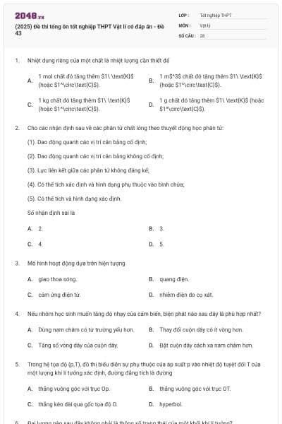 (2025) Đề thi tổng ôn tốt nghiệp THPT Vật lí có đáp án - Đề 43