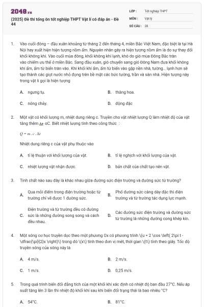 (2025) Đề thi tổng ôn tốt nghiệp THPT Vật lí có đáp án - Đề 44
