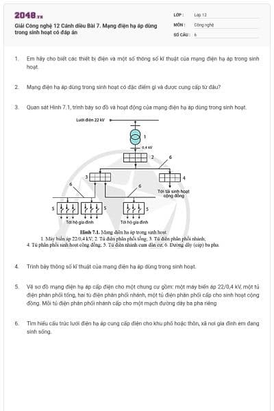 Giải Công nghệ 12 Cánh diều Bài 7. Mạng điện hạ áp dùng trong sinh hoạt có đáp án