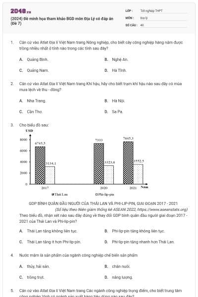 (2024) Đề minh họa tham khảo BGD môn Địa Lý có đáp án (Đề 7)