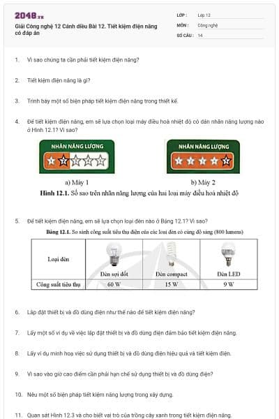 Giải Công nghệ 12 Cánh diều Bài 12. Tiết kiệm điện năng có đáp án