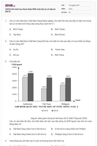 (2024) Đề minh họa tham khảo BGD môn Địa Lý có đáp án (Đề 8)