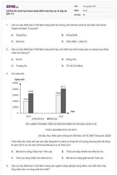(2024) Đề minh họa tham khảo BGD môn Địa Lý có đáp án (Đề 11)