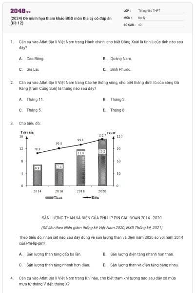 (2024) Đề minh họa tham khảo BGD môn Địa Lý có đáp án (Đề 12)