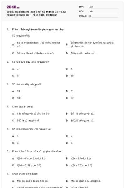 20 câu Trắc nghiệm Toán 6 Kết nối tri thức Bài 10. Số nguyên tố (Đúng sai - Trả lời ngắn) có đáp án