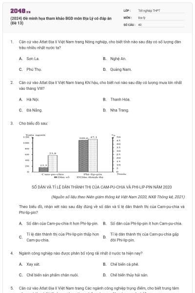 (2024) Đề minh họa tham khảo BGD môn Địa Lý có đáp án (Đề 13)