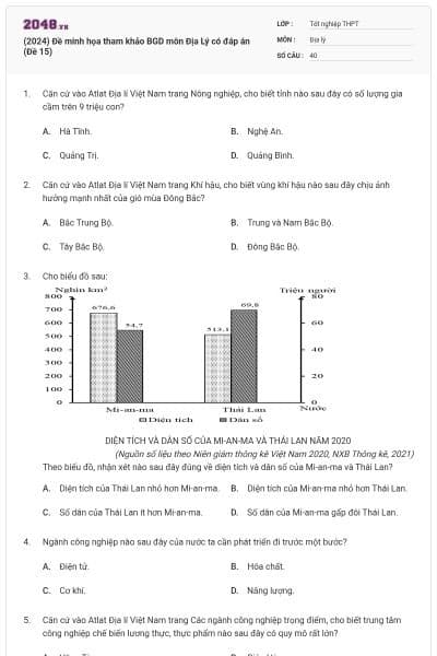 (2024) Đề minh họa tham khảo BGD môn Địa Lý có đáp án (Đề 15)