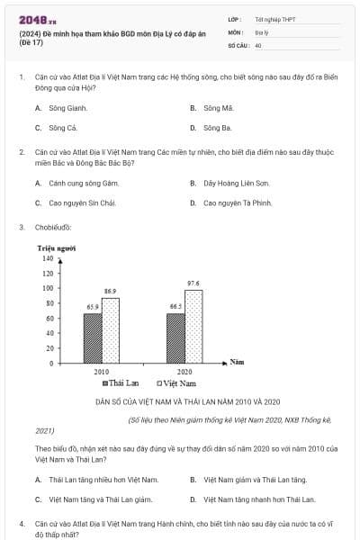 (2024) Đề minh họa tham khảo BGD môn Địa Lý có đáp án (Đề 17)