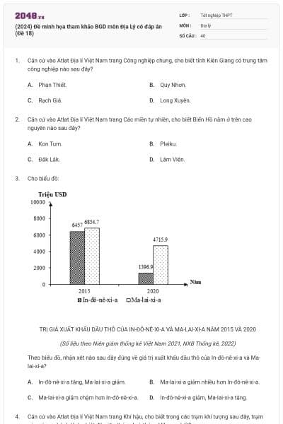 (2024) Đề minh họa tham khảo BGD môn Địa Lý có đáp án (Đề 18)