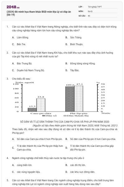 (2024) Đề minh họa tham khảo BGD môn Địa Lý có đáp án (Đề 19)