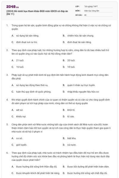 (2024) Đề minh họa tham khảo BGD môn GDCD có đáp án (Đề 11)