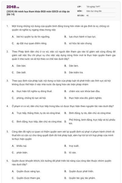 (2024) Đề minh họa tham khảo BGD môn GDCD có đáp án (Đề 14)