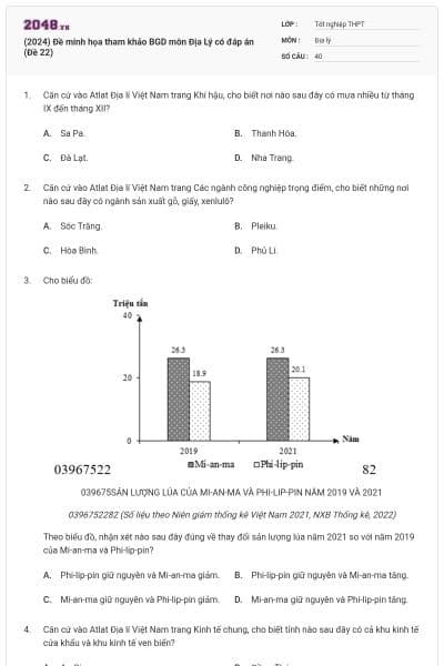 (2024) Đề minh họa tham khảo BGD môn Địa Lý có đáp án (Đề 22)