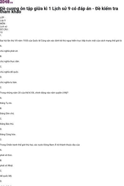 Đề cương ôn tập giữa kì 1 Lịch sử 9 có đáp án - Đề kiểm tra tham khảo