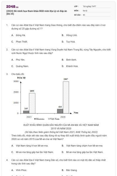 (2024) Đề minh họa tham khảo BGD môn Địa Lý có đáp án (Đề 25)