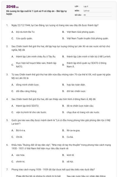 Đề cương ôn tập cuối kì 1 Lịch sử 9 có đáp án - Bài tập tự luyện
