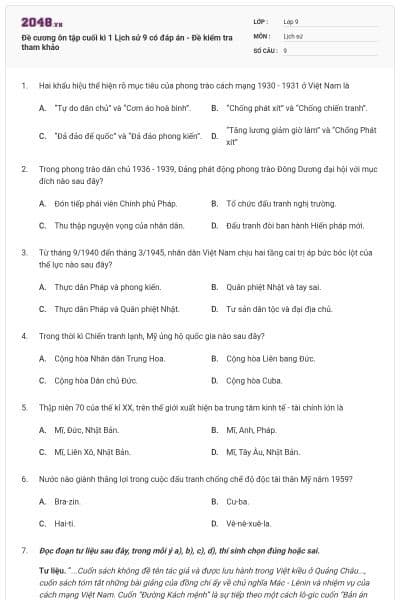 Đề cương ôn tập cuối kì 1 Lịch sử 9 có đáp án - Đề kiểm tra tham khảo