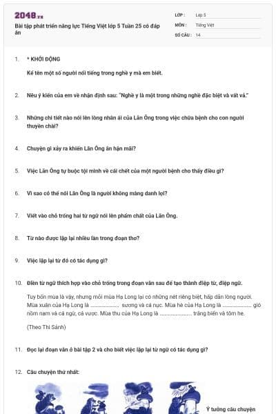 Bài tập phát triển năng lực Tiếng Việt lớp 5 Tuần 25 có đáp án