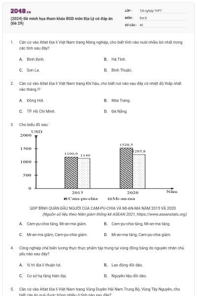 (2024) Đề minh họa tham khảo BGD môn Địa Lý có đáp án (Đề 29)