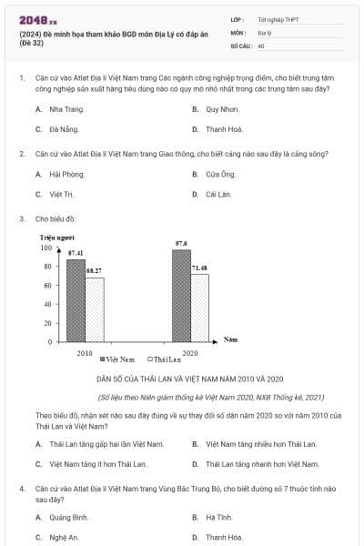(2024) Đề minh họa tham khảo BGD môn Địa Lý có đáp án (Đề 32)