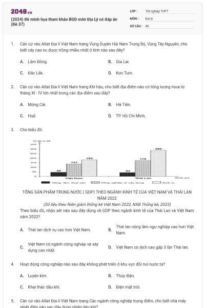 (2024) Đề minh họa tham khảo BGD môn Địa Lý có đáp án (Đề 37)