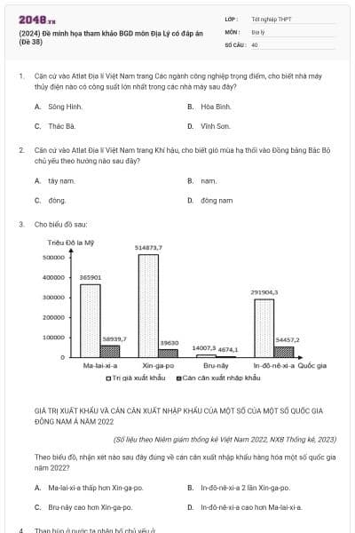 (2024) Đề minh họa tham khảo BGD môn Địa Lý có đáp án (Đề 38)