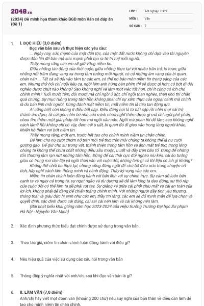 (2024) Đề minh họa tham khảo BGD môn Văn có đáp án (Đề 1)