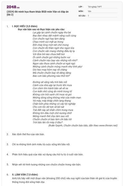 (2024) Đề minh họa tham khảo BGD môn Văn có đáp án (Đề 2)
