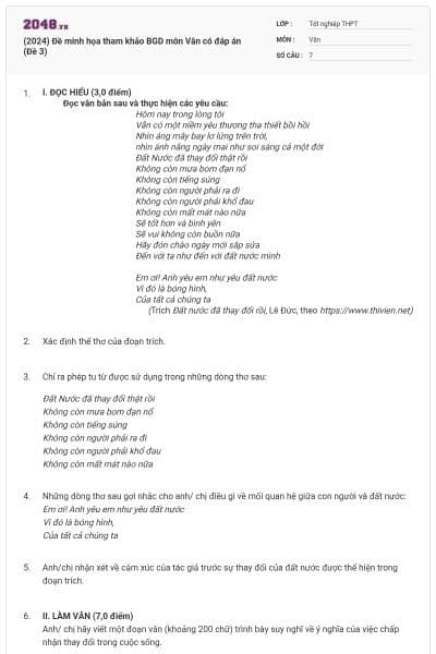 (2024) Đề minh họa tham khảo BGD môn Văn có đáp án (Đề 3)