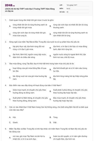 (2024) Đề thi thử THPT môn Địa lí Trường THPT Hàm Rồng có đáp án