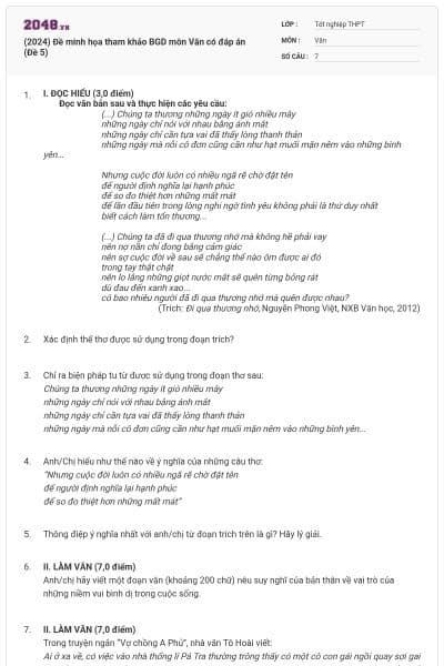 (2024) Đề minh họa tham khảo BGD môn Văn có đáp án (Đề 5)