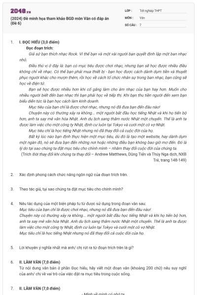 (2024) Đề minh họa tham khảo BGD môn Văn có đáp án (Đề 6)