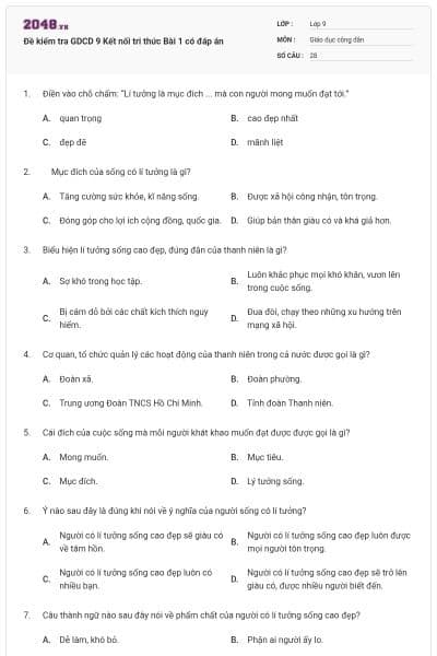 Đề kiểm tra GDCD 9 Kết nối tri thức Bài 1 có đáp án