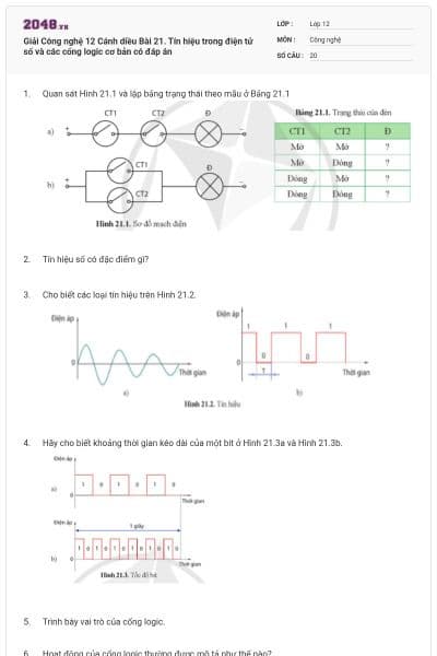 Giải Công nghệ 12 Cánh diều Bài 21. Tín hiệu trong điện tử số và các cổng logic cơ bản có đáp án