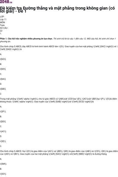 Đề kiểm tra Đường thẳng và mặt phẳng trong không gian (có lời giải) - Đề 1