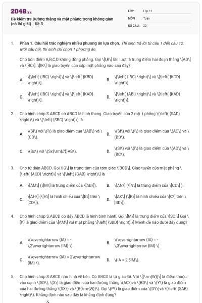 Đề kiểm tra Đường thẳng và mặt phẳng trong không gian (có lời giải) - Đề 3