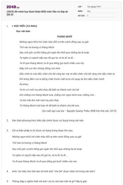 (2024) Đề minh họa tham khảo BGD môn Văn có đáp án (Đề 8)