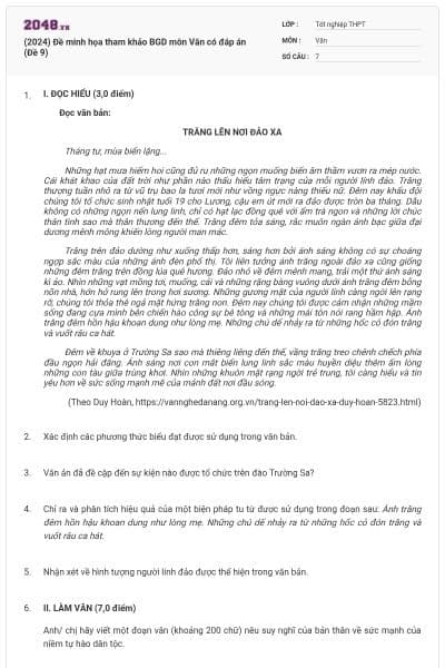 (2024) Đề minh họa tham khảo BGD môn Văn có đáp án (Đề 9)