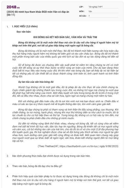 (2024) Đề minh họa tham khảo BGD môn Văn có đáp án (Đề 11)