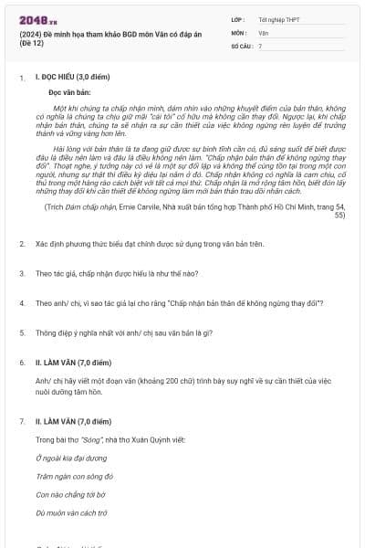 (2024) Đề minh họa tham khảo BGD môn Văn có đáp án (Đề 12)