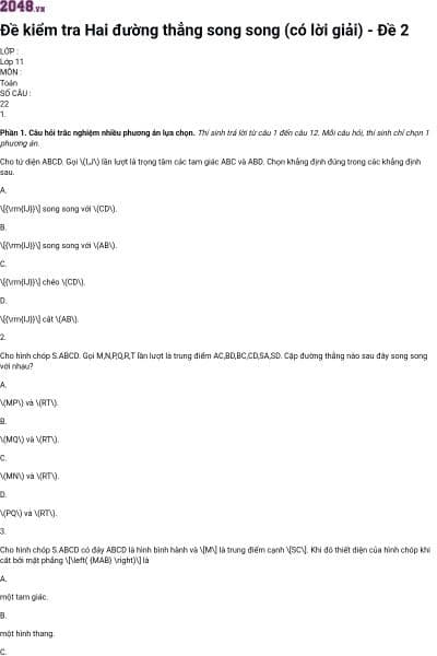 Đề kiểm tra Hai đường thẳng song song (có lời giải) - Đề 2