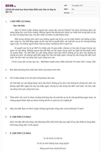 (2024) Đề minh họa tham khảo BGD môn Văn có đáp án (Đề 15)