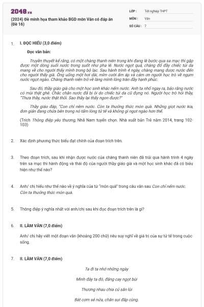 (2024) Đề minh họa tham khảo BGD môn Văn có đáp án (Đề 16)