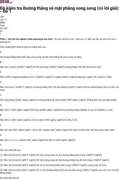 Đề kiểm tra Đường thẳng và mặt phẳng song song (có lời giải) - Đề 1