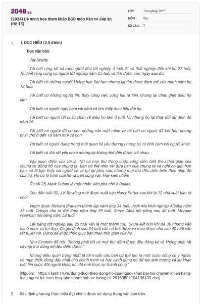 (2024) Đề minh họa tham khảo BGD môn Văn có đáp án (Đề 18)