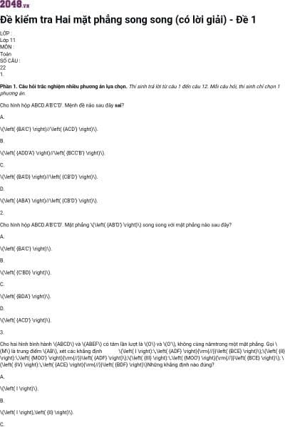 Đề kiểm tra Hai mặt phẳng song song (có lời giải) - Đề 1