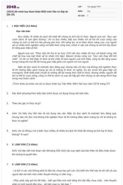 (2024) Đề minh họa tham khảo BGD môn Văn có đáp án (Đề 20)